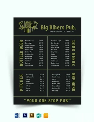 Pub Price list Template