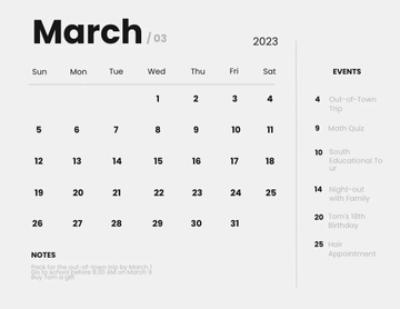 Free Simple March 2023 Calendar Template to Edit Online