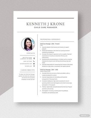 Child Care Manager Resume