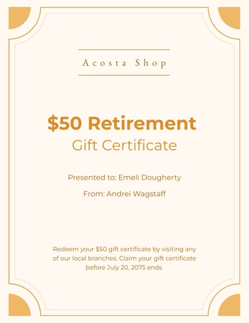 Free Sample Retirement Gift Certificate Template to Edit Online