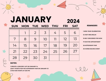 Free Cute January 2024 Calendar Template to Edit Online