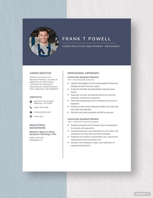 Construction Equipment Mechanic Resume