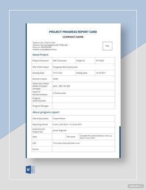 Project Progress Report Card Template