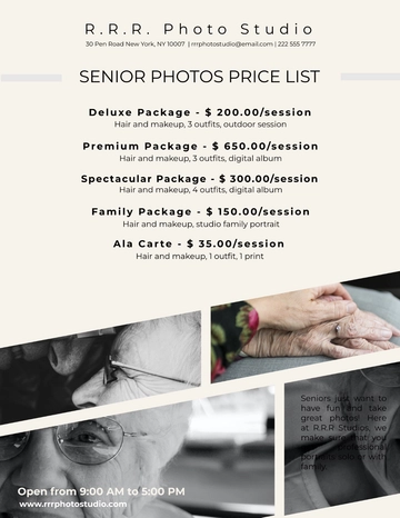 Free Modern Senior Portrait Pricing Guide Template to Edit Online