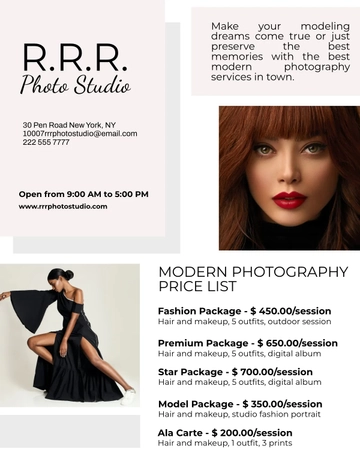 Free Modern Photography Pricing Guide Template to Edit Online