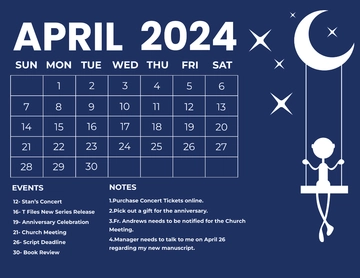 Free Blue April 2024 Calendar Template to Edit Online