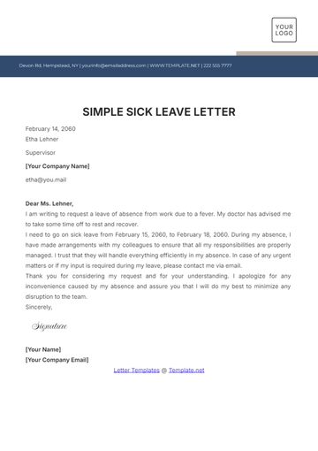 Free Simple Sick Leave Letter Template to Edit Online