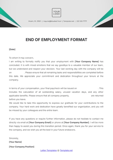 Free End of Employment Letter Format Template to Edit Online