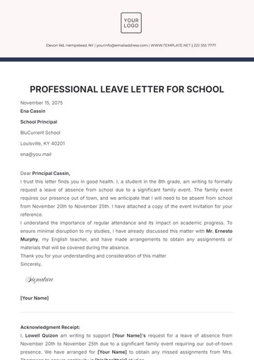 Free Professional Leave Letter for School Template to Edit Online