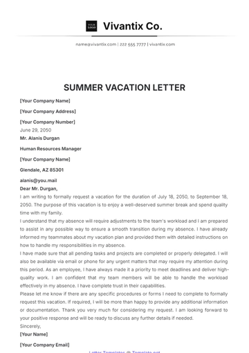Free Summer Vacation Letter Template to Edit Online