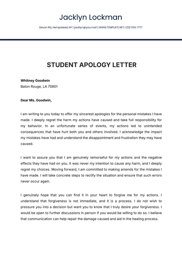 Free Student Apology Letter Template to Edit Online