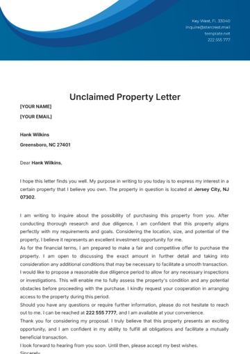 Free Unclaimed Property Letter Template to Edit Online