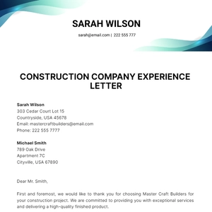 Free Construction Company Experience Letter Template to Edit Online