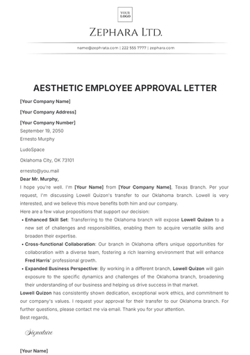 Free Aesthetic Employee Approval Letter Template to Edit Online