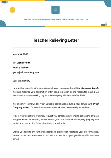 Free Teacher Relieving Letter Template to Edit Online