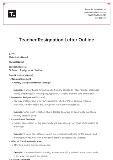 Free Teacher Resignation Letter Outline Template to Edit Online