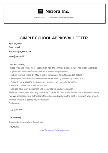 Free Simple School Approval Letter Template to Edit Online