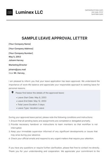 Free Sample Leave Approval Letter Template to Edit Online