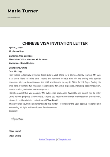 Free Chinese Visa Invitation Letter Template to Edit Online