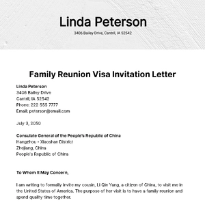 Free Family Reunion Visa Invitation Letter Template to Edit Online
