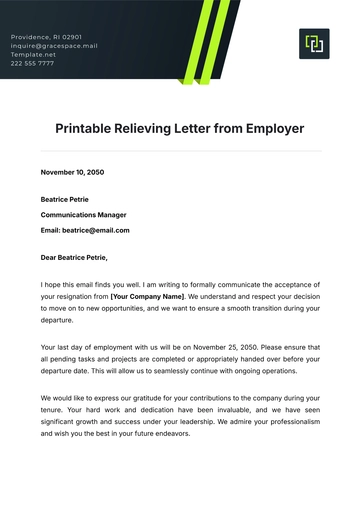 Free Printable Relieving Letter from Employer Template to Edit Online