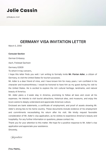 Free Germany Visa Invitation Letter Template to Edit Online