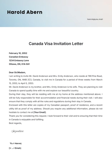 Free Canada Visa Invitation Letter Template to Edit Online