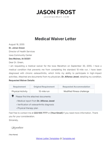 Free Medical Waiver Letter Template to Edit Online