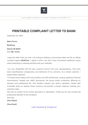 Free Printable Complaint Letter to Bank Template to Edit Online