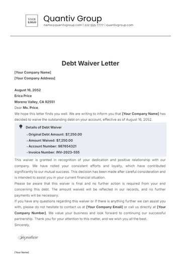 Free Debt Waiver Letter Template to Edit Online
