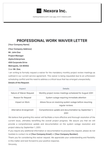 Free Professional Work Waiver Letter Template to Edit Online