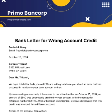 Free Bank Letter for Wrong Account Credit Template to Edit Online