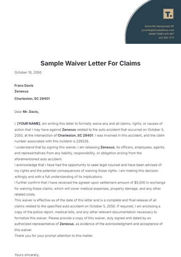 Free Sample Waiver Letter for Claims Template to Edit Online
