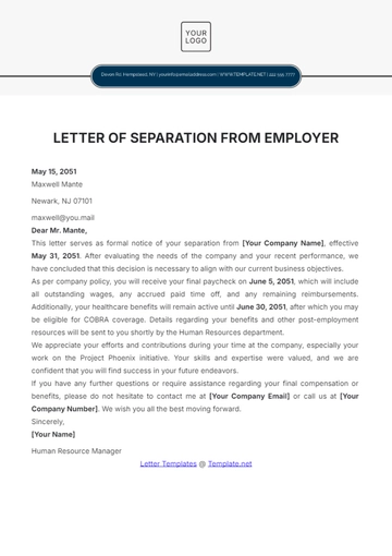 Free Letter of Separation from Employer Template to Edit Online