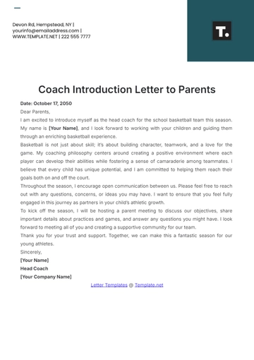 Free Coach Introduction Letter To Parents Template to Edit Online