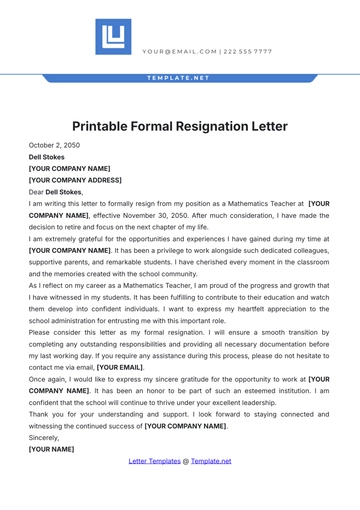 Free Printable Formal Resignation Letter Template to Edit Online
