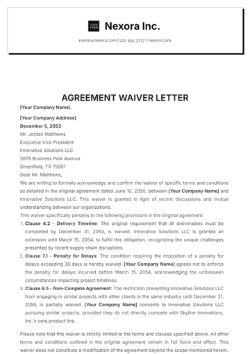 Free Agreement Waiver Letter Template to Edit Online