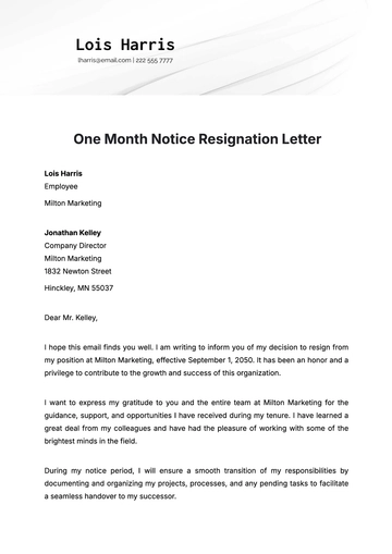 Free One Month Notice Resignation Letter  Template to Edit Online