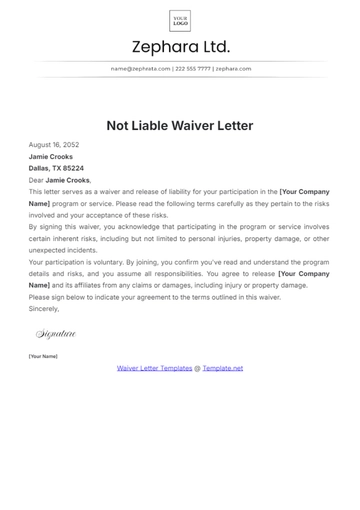 Free Not Liable Waiver Letter Template to Edit Online