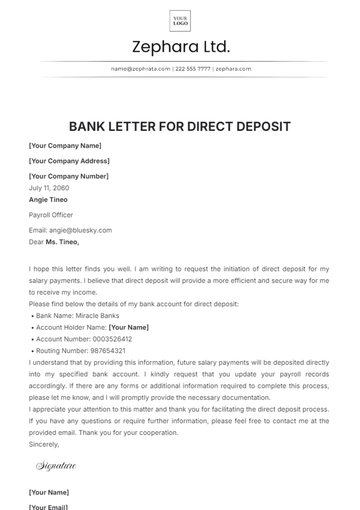 Free Bank Letter for Direct Deposit Template to Edit Online