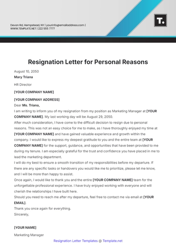 Free Resignation Letter for Personal Reasons Template to Edit Online