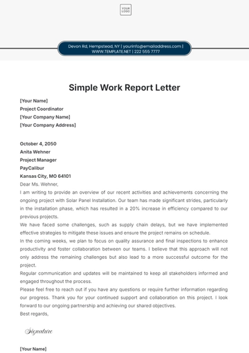 Free Simple Work Report Letter Template to Edit Online