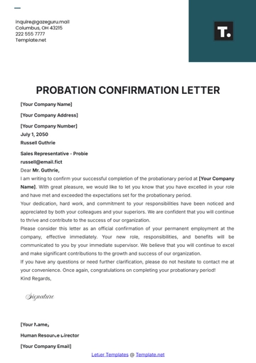 Free Probation Confirmation Letter Template to Edit Online