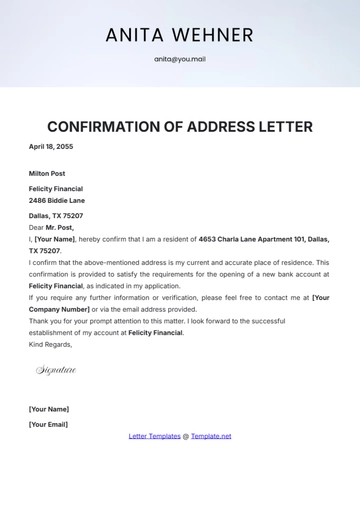 Free Confirmation of Address Letter Template to Edit Online