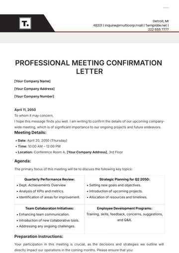 Free Professional Meeting Confirmation Letter Template to Edit Online