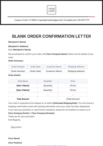 Free Blank Order Confirmation Letter Template to Edit Online