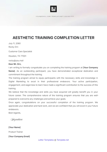 Free Aesthetic Training Completion Letter Template to Edit Online