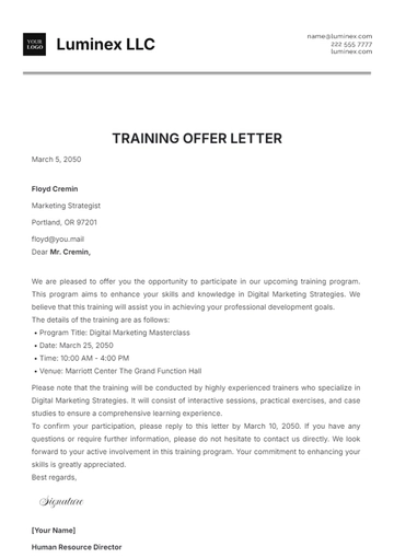 Free Training Offer Letter Template to Edit Online