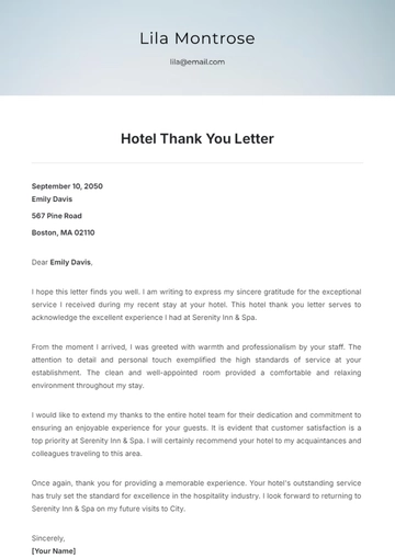 Free Hotel Thank You Letter Template Design to Edit Online