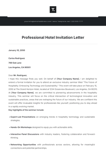 Free Professional Hotel Invitation Letter Template to Edit Online